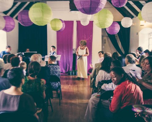 Casual wedding indoors at OSH