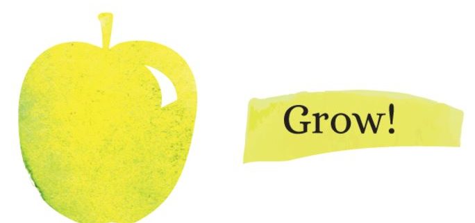 a green apple on white background with text that reads "Grow!"